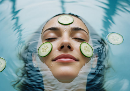 Close up of a beautiful young woman floating peacefully in blue water with her eyes closed, applying cucumber slices to her face for a refreshing and hydrating spa treatment.の素材