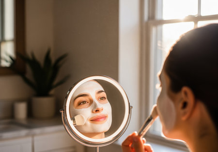 A young woman applies a white facial mask using a brush, reflected in a lighted magnifying mirror during her morning skincare routine. this image conveys self care, beauty, and wellness.の素材