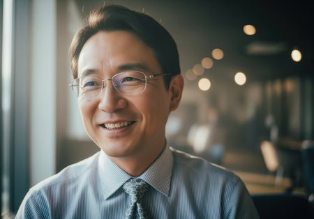 A cinematic medium close up portrait of a successful asian executive wearing professional attire and glasses, smiling warmly. this image conveys confidence, approachability, and corporate success, suitable for business use.の素材
