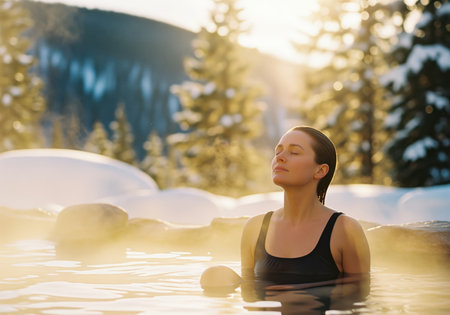 A serene woman relaxes in a steaming outdoor hot tub, closing her eyes to enjoy the warm sunlight filtering through the snowy winter landscape and evergreen trees. this image evokes feelings of wellness, luxury, and winter relaxation.の素材