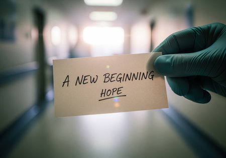 A medical professional gloved hand holds a card displaying the handwritten message a NEW BEGINNING HOPE against a blurred hospital corridor background, symbolizing recovery and optimism.の素材