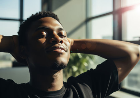 Close up portrait of a young black man leaning back with his hands behind his head, eyes closed, feeling content and relaxed while basking in warm sunlight streaming through a window.の素材