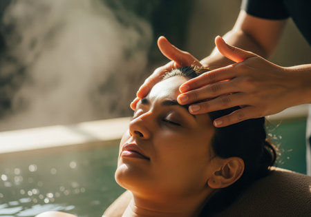 Close up shot of a serene woman receiving a relaxing forehead massage from a therapist, enjoying a moment of profound peace and wellness in a steamy spa setting. this image conveys tranquility and luxury.の素材