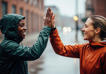 Two happy diverse female athletes wearing rain gear high five outdoors in the city rain, celebrating their successful workout. this image conveys teamwork, achievement, and perseverance in challenging weather.の素材