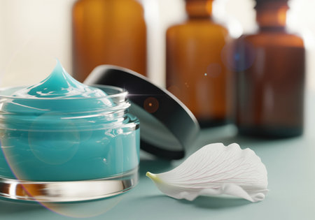 Close up of luxurious blue moisturizing gel in an open glass container, featuring a perfect peak of product and a soft white flower petal, suggesting natural skincare and hydration.の素材