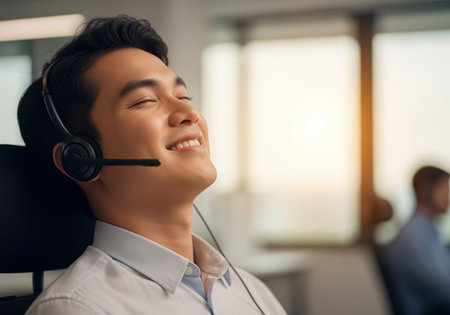A satisfied young asian call center agent leans back in his office chair, eyes closed and smiling broadly while wearing a professional headset, suggesting a successful call or peaceful break.の素材