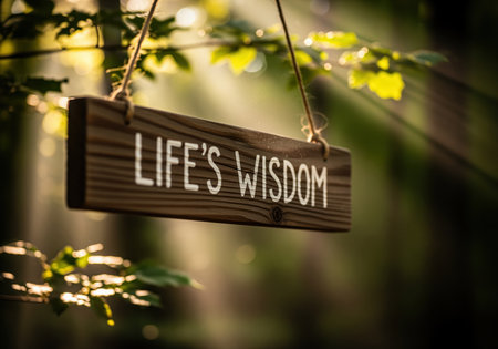 A close up shot of a rustic wooden plank sign hanging by rope, featuring the white painted text LIFES WISDOM. the sign is set against a deeply blurred, sun drenched natural background, evoking concepts of spirituality and guidance.の素材