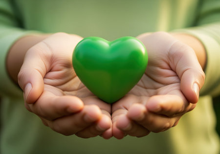 A vibrant green heart rests in the open palms of a person, emphasizing concepts of nature conservation, sustainable living, health awareness, and charitable giving.の素材