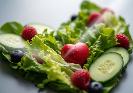A close up view of a heart shaped salad composed of crisp lettuce, cucumber slices, raspberries, and blueberries, symbolizing healthy eating and love for wellness.の素材