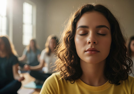 A serene young woman with eyes closed practices meditation during a group wellness session, focusing on mindfulness and inner peace. warm sunlight illuminates her face, conveying tranquility and relaxation.の素材