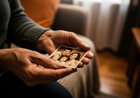 A close up shot of an older person hands carefully holding a small, sepia toned picture of a smiling family, representing cherished memories and the passage of time.の素材