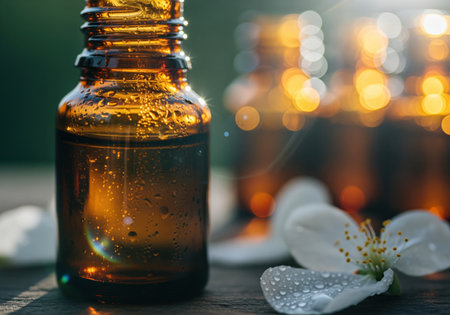 Cinematic close up of a condensation covered amber dropper bottle containing natural essential oil, resting beside a wet white blossom. perfect for organic skincare, spa, and aromatherapy advertising.の素材