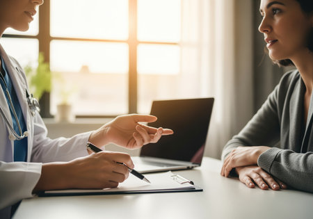 Doctor explaining diagnosis and treatment to a young woman during a medical consultation. the physician is writing notes while the patient listens attentively in a sunlit office.の素材