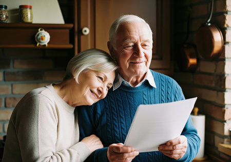 An affectionate elderly couple smiles while reviewing important paperwork or financial documents together in their rustic home kitchen. this heartwarming moment captures marital longevity, trust, and shared planning for retirement.の素材