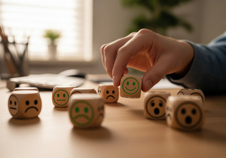 A person hand picks up a wooden block displaying a green smiling face, representing positive feedback, high satisfaction, or a successful experience rating among various emotion cubes.の素材