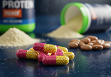 A detailed, close up view of pink and yellow capsules, brown tablets, and piles of protein powder, representing dietary supplements for bodybuilding and wellness. this composition is ideal for health and nutrition content.の素材