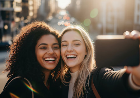 Two happy diverse young women friends smile widely while taking a selfie with a smartphone outdoors in a sunny city street, capturing a moment of friendship and joy during golden hour.の素材
