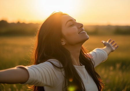 A joyful young woman stands in a sunlit field during golden hour, smiling with her eyes closed and arms wide open, symbolizing freedom, happiness, and spiritual connection with nature.の素材