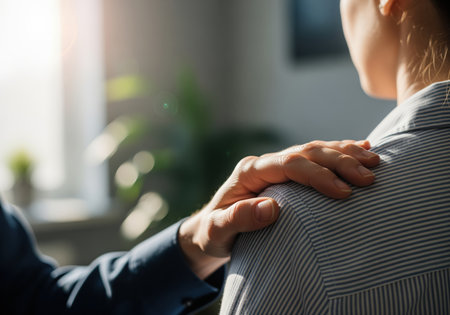 A close up shot of one person hand resting on another person shoulder, conveying deep empathy, support, and care. this image is suitable for themes of counseling, friendship, or emotional assistance.の素材