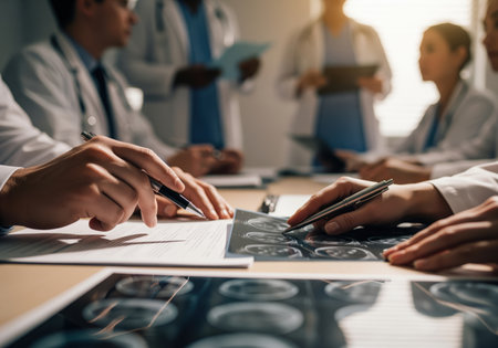 Medical professionals in lab coats are gathered around a table, closely examining brain scans and signing important documents during a serious clinical conference. the atmosphere is focused and professional.の素材