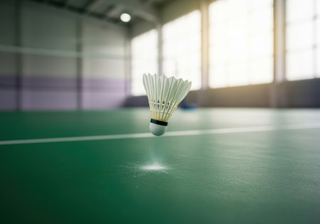 A white feather shuttlecock is captured mid air, just above the green court surface, moments before impact during an intense badminton game. this dynamic shot highlights competitive sports action.の素材