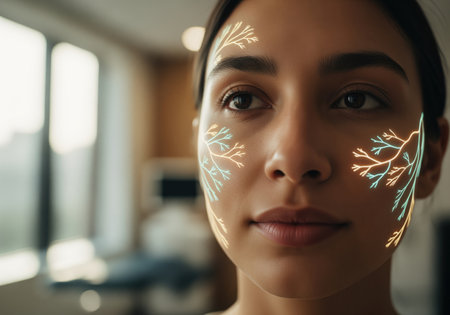 A close up portrait of a young woman with glowing, bioluminescent, branching patterns projected onto her cheeks, symbolizing neural pathways or vascular systems. this visual represents advanced facial diagnostics and futuristic beauty technology.の素材
