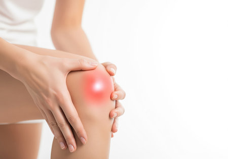 A young woman grips her painful knee, where a bright red spot indicates inflammation or injury. this image is ideal for illustrating concepts related to joint health, orthopedic issues, and pain relief products.の素材