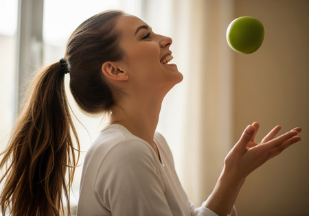 A joyful young woman with a ponytail laughs while playfully tossing a crisp green apple in the air. this image captures a moment of health, happiness, and fresh vitality, perfect for wellness and nutrition content.の素材