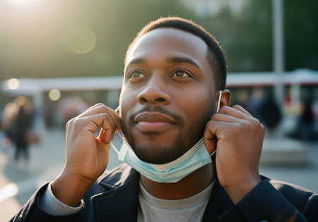 A young african american man adjusts or removes his protective surgical face mask outdoors, looking up with a relieved and optimistic expression in the bright, warm sunlight. this symbolizes freedom and the end of restrictions.の素材