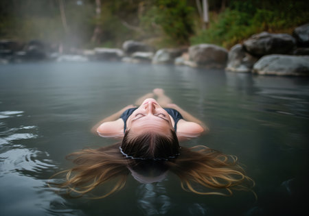 A young woman floats peacefully on her back in a steaming natural hot spring, eyes closed, enjoying a moment of deep relaxation and wellness in nature. this image conveys tranquility and spa therapy.の素材