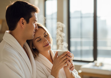 A loving couple wearing white bathrobes embraces tenderly while the woman holds a steaming cup of coffee or tea, enjoying a relaxing morning together during a romantic spa vacation.の素材