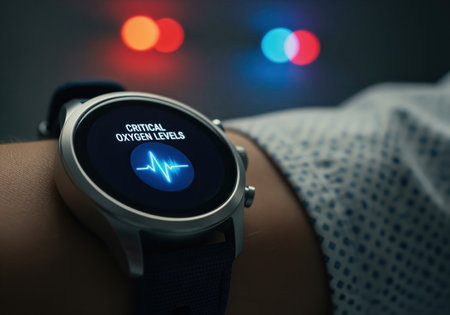 A close up shot of a smartwatch on a wrist showing a critical health alert for low oxygen levels, indicated by a blue heart rate waveform on the dark screen. this illustrates remote patient monitoring and emergency situations.の素材