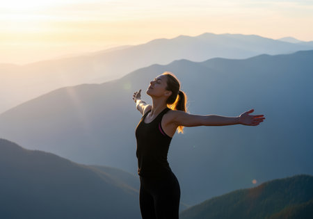 A fit young woman stands triumphantly on a mountain summit at sunset, arms wide open, celebrating freedom, success, and connection with nature. this image conveys wellness, adventure, and spiritual peace.の素材