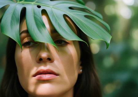 A cinematic close up portrait of a young woman whose eyes are shaded by a large, lush green monstera leaf, creating dramatic shadows and highlighting natural beauty and wellness themes.の素材