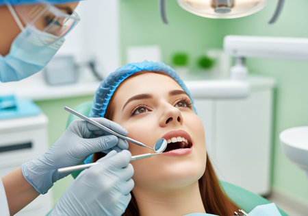 A dental professional wearing protective gear uses tools to examine the open mouth of a young female patient lying in a chair. this image represents oral health, hygiene, and modern medical care.の素材