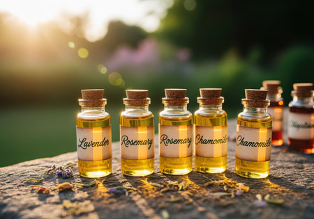 A cinematic macro shot of small glass bottles containing golden essential oils labeled lavender, rosemary, and chamomile, resting on a rough stone surface during golden hour. ideal for wellness and spa concepts.の素材
