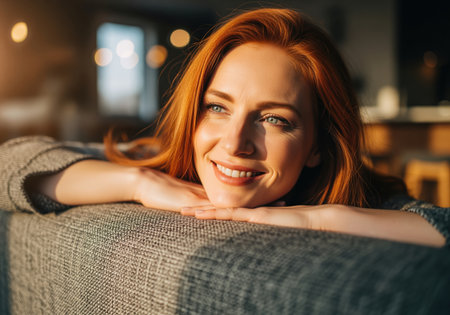 A close up portrait of a beautiful young woman with striking red hair and blue eyes, smiling genuinely while relaxing on a comfortable sofa bathed in warm, golden sunlight.の素材