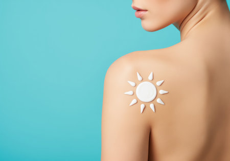 Close up of a woman shoulder featuring a sun shape drawn with white protective sunscreen cream, symbolizing UV protection and essential summer skincare for healthy, beautiful skin.の素材