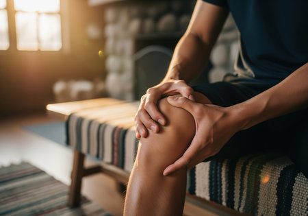 A man sits indoors, gripping his knee due to acute pain or injury. this image conveys concepts of joint problems, sports injuries, arthritis, and physical discomfort, suitable for medical and wellness topics.の素材
