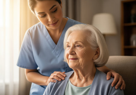 A compassionate female caregiver in blue scrubs gently places her hand on the shoulder of a smiling elderly woman, symbolizing support, trust, and professional home healthcare assistance. this intimate moment highlights quality senior living.の素材