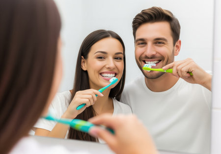 A cheerful young couple smiles broadly while brushing their teeth together in the bathroom, reflected in the mirror. this image is ideal for promoting dental hygiene products, health, and relationship routines.の素材