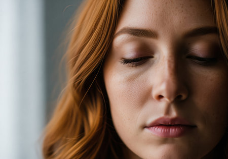 A peaceful, intimate close up portrait of a young woman with natural red hair and freckles, eyes closed in deep relaxation or meditation. suitable for wellness and beauty concepts.の素材