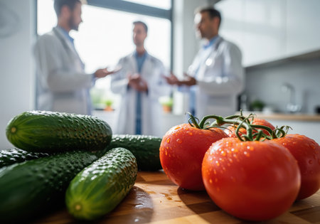 Close up shot of fresh, wet tomatoes and cucumbers on a wooden surface, symbolizing healthy eating and diet. three blurred doctors in lab coats discuss research in the bright background.の素材