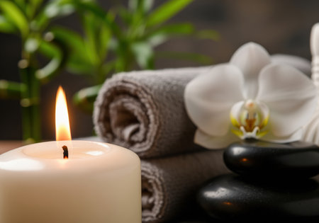 Close up of a serene spa arrangement featuring a burning white candle, stacked black basalt stones, soft gray towels, and a delicate white orchid, conveying relaxation and wellness.の素材