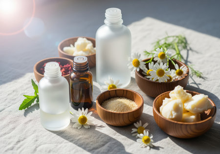 A beautiful composition of natural skincare ingredients, featuring essential oils in glass bottles, raw shea butter, and fresh chamomile blossoms, perfect for homemade beauty products.の素材