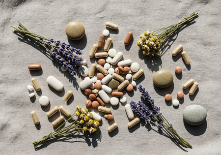 Assortment of natural supplements, vitamins, and herbal capsules displayed with dried lavender and chamomile on a textured surface, representing alternative medicine and healthy lifestyle.の素材