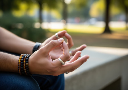 A close up shot of a person hands forming the gyan mudra, adorned with beaded bracelets and rings, while meditating outdoors in a peaceful park setting. this symbolizes focus and inner peace.の素材