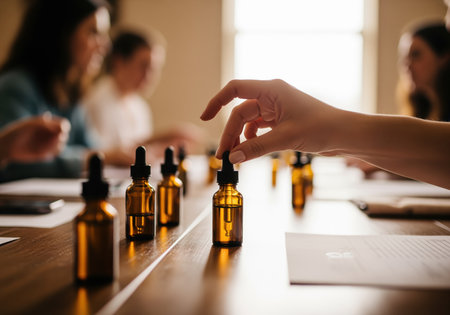 Close up of a woman hand selecting an amber dropper bottle filled with essential oil from a row on a wooden table during a blending class. perfect for wellness, beauty, and natural remedy content.の素材