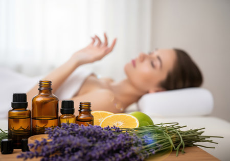 Close up shot of amber essential oil bottles, fresh lavender, and citrus slices arranged for an aromatherapy spa treatment. a woman is relaxing on a massage table in the soft focus background.の素材