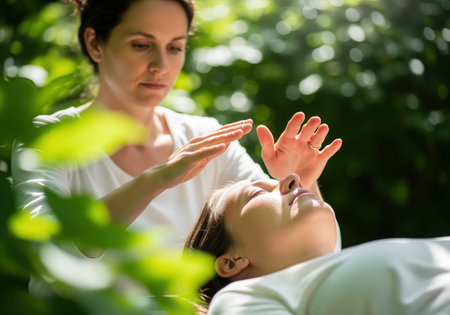 A professional reiki therapist performs an energy healing session, hovering her hands over a relaxed client lying down outdoors in a sunny, green natural setting. this depicts holistic wellness and alternative medicine.の素材